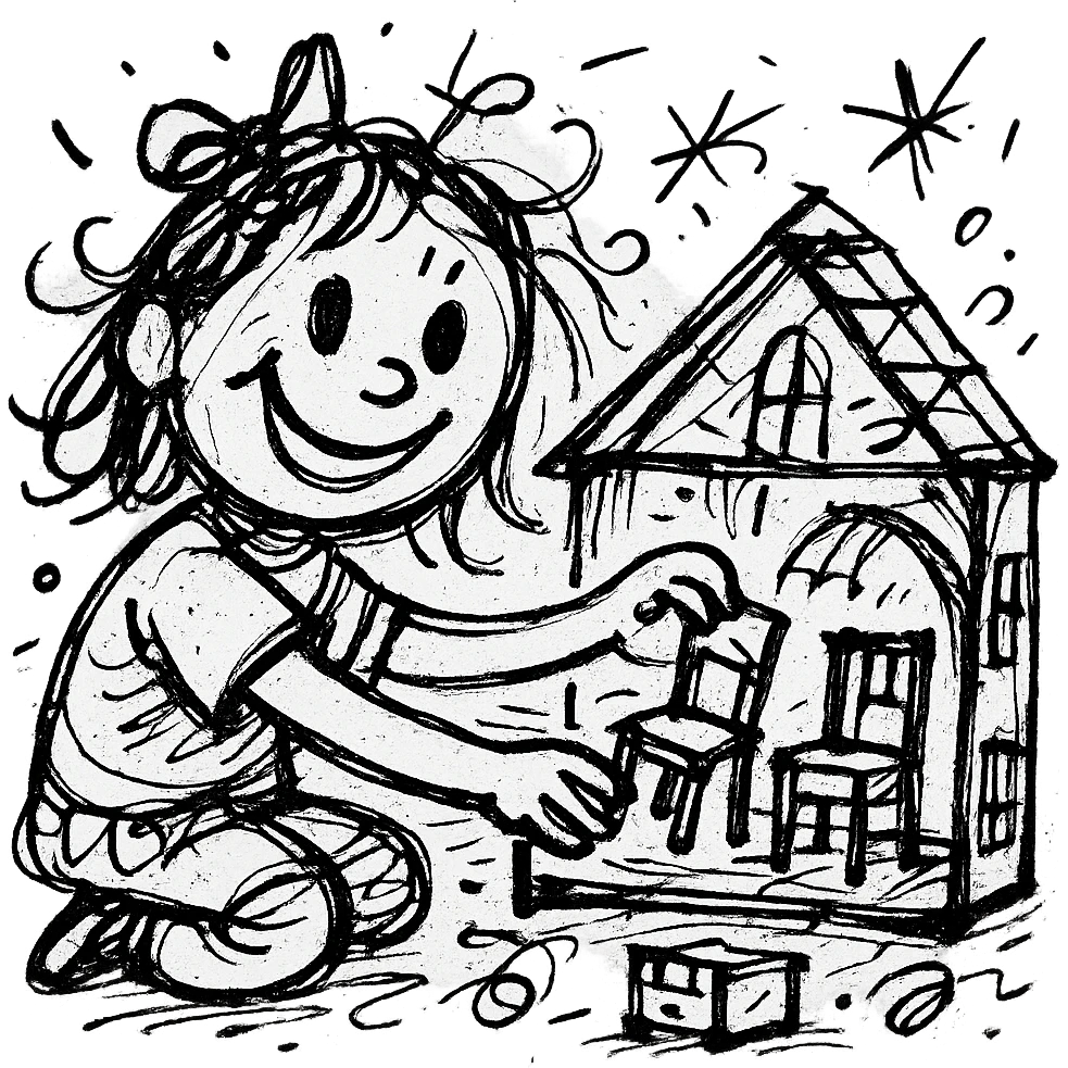 smiling girl arranging furniture in doll house emoji