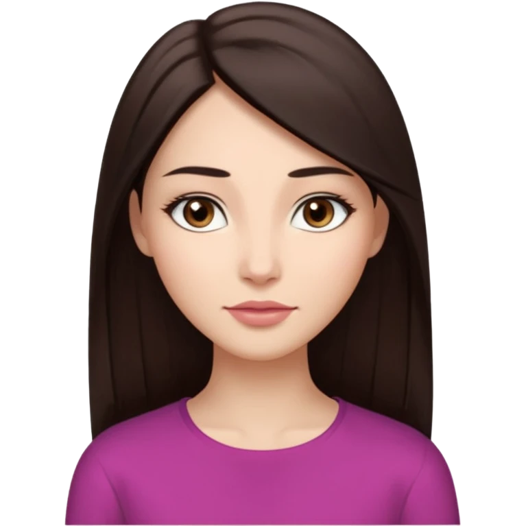 female avatar.Long, straight, sleek dark brown .Soft oval face Straight medium browsAlmond-shaped dark brown eyes, proportionalcalm neutral gaze. NoSlender, slightly elongated nose.Natural matte pink-beige lips, relaxed expression emoji