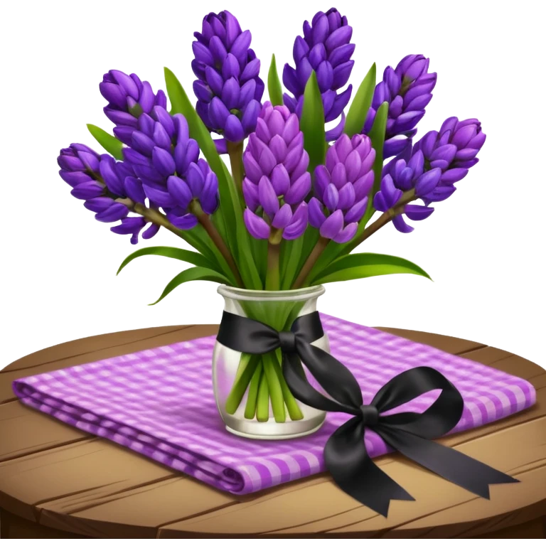 A lush bouquet of bright prple color Hyacinths black satin ribbon, resting on an antique wooden table, with a pale yellow and pink plaid pattern table cloth emoji