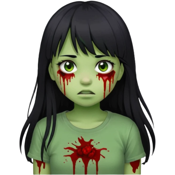 Garota de cabelo longo e preto com franja com a pele esverdeada e ferimentos expostos cobertos com sangue, usa uma camiseta branca rasgada e suja de poeira  emoji