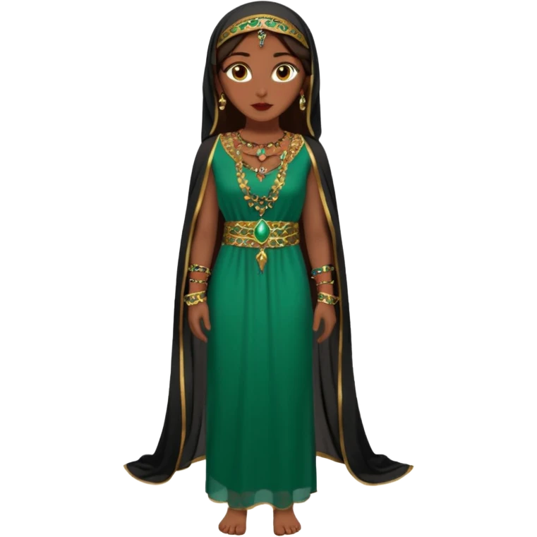 Mujer joven, morena, de gran belleza y porte misterioso.
 mirada intensa, labios marcados.
 Negro, largo, suele ir cubierto parcialmente por un velo
 Ropa de inspiración árabe: túnica colorida (rojo, dorado, verde esmeralda), con detalles dorados, brazaletes y pendientes. que se ve cuerpo entero emoji