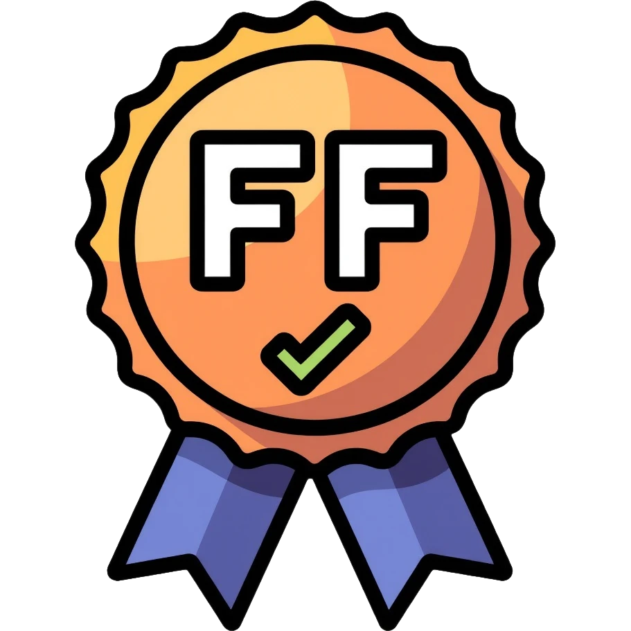 Gaming achievement badge with FF and a verification checkmark, gaming medal style, esports badge emoji