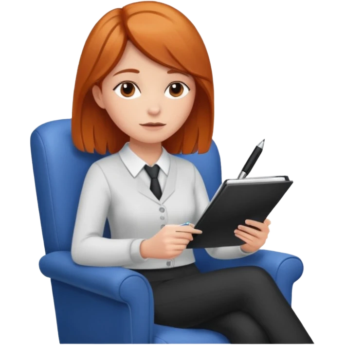 Русоволосая девушка - психолог сидит в кресле и делает запись на бланке emoji