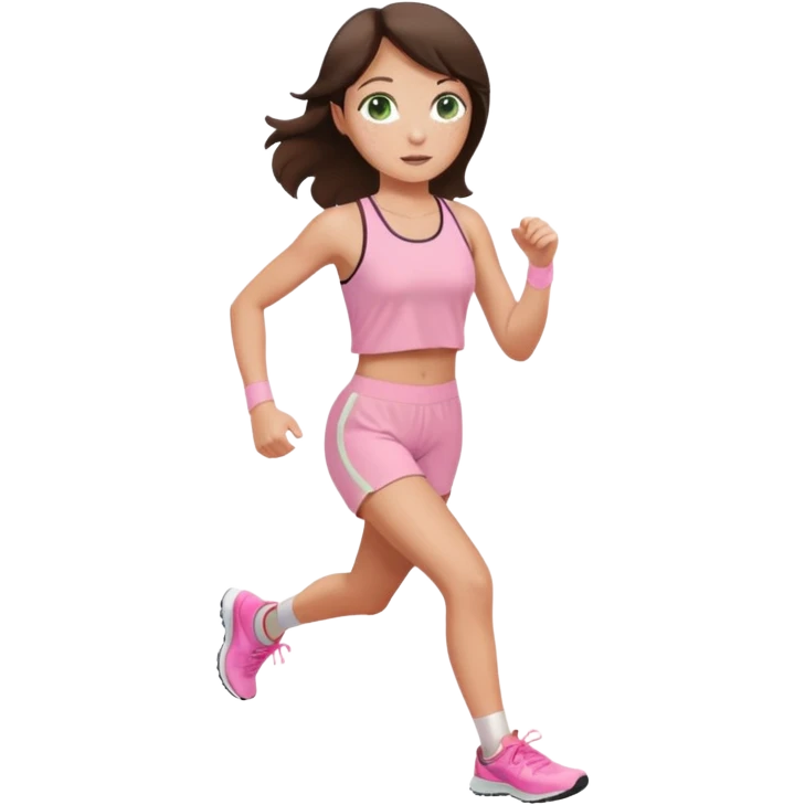 a white brunette girl with green eyes and freckles going for a run in a light pink outft emoji