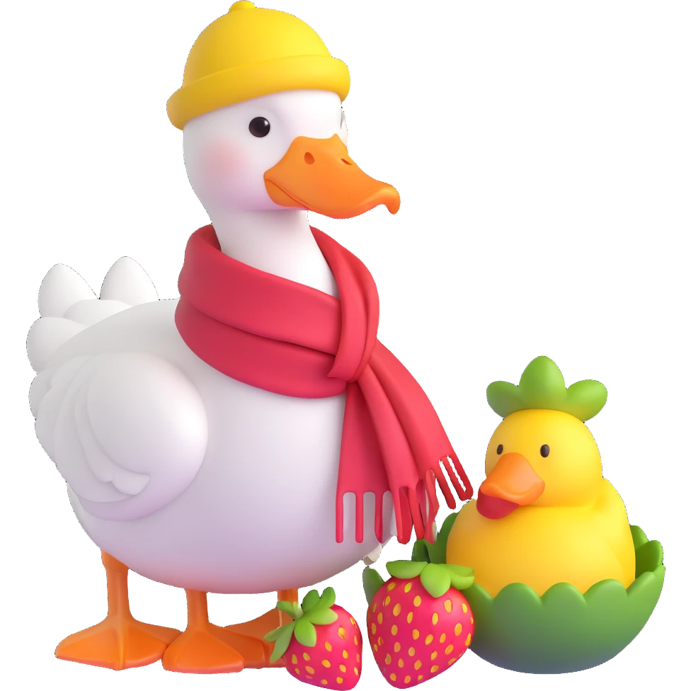 A cute white goose wearing a yellow hat and scarf, sitting with strawberries, in 3D iOS emoji style with soft gradients and glossy finish, no background. emoji