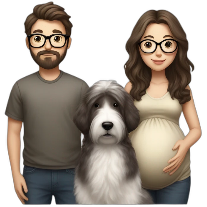 Hyperrealist pregnant girl with half long brown hair with glasses, a boy with long beard, glasses and short hair and english sheepdog emoji