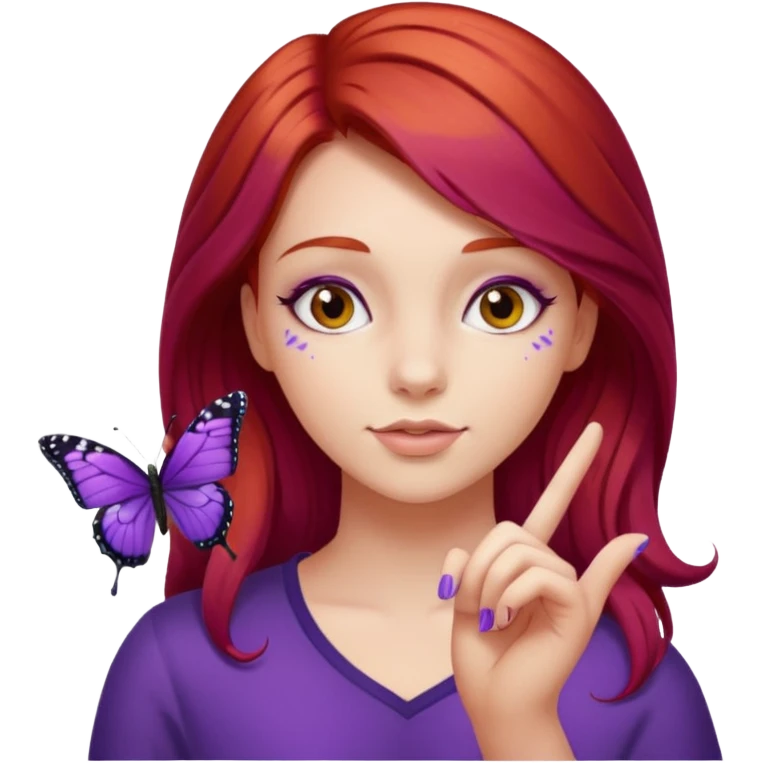 Purple butterfly resting on red haired girl finger emoji