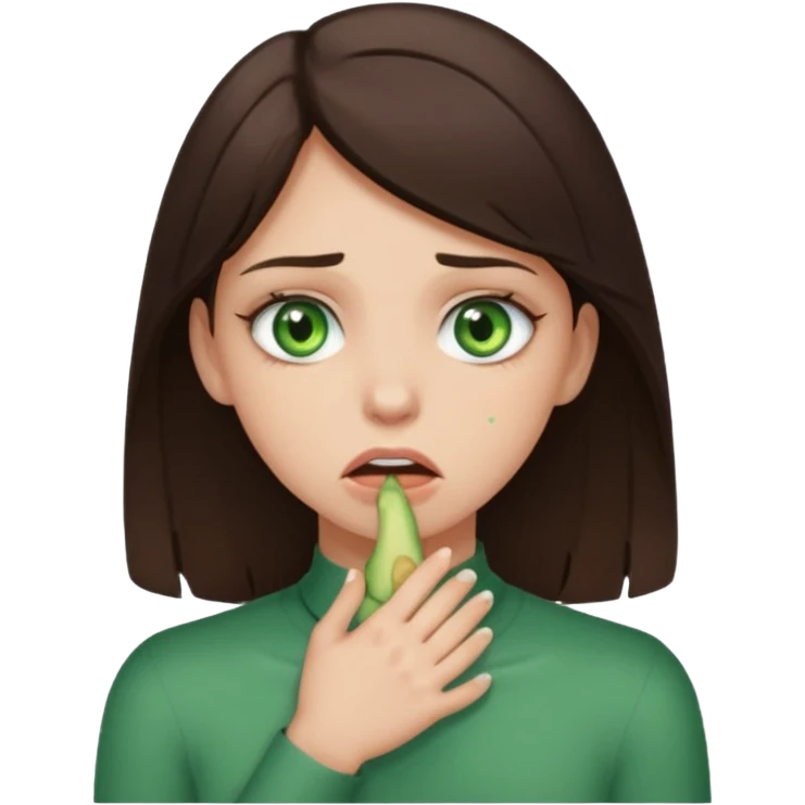 Brunette girl with green eyes choking herself (no tears) and make her look a little less distressed  emoji