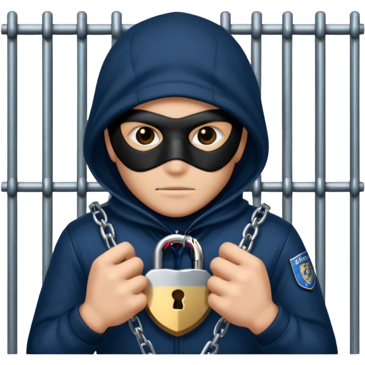 emoji of a masked thief gripping prison bars with a padlock and police badge visible, chains in the background emoji