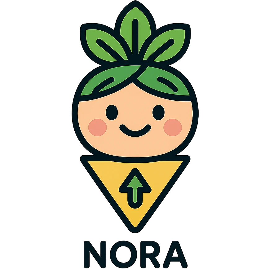 small friendly nutrition navigator character named Nora, simple icon, cheerful face, leafy green hat or accessory suggesting nutrition, compact approachable design for app icon emoji