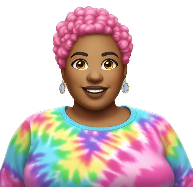 Large Plus size black woman with pink curly pixie cut hair and a rainbow tie dye sweater , and diamond stud earrings  emoji