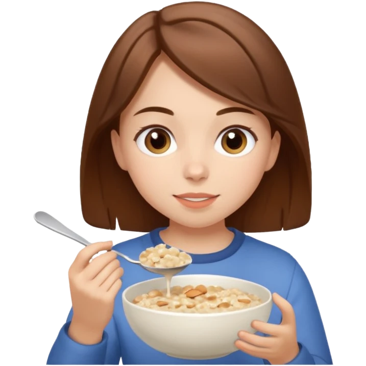 Girl eating oatmeal porridge and girl have brown hair emoji