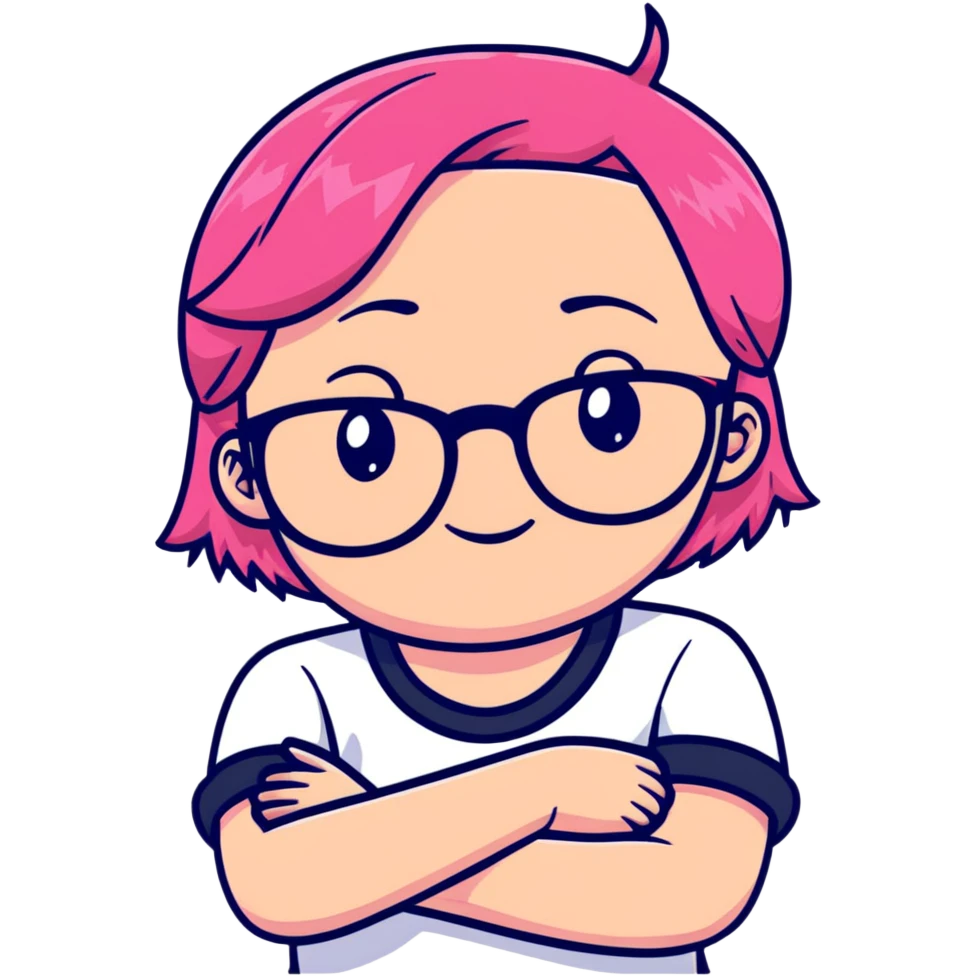 Pink-haired girl with glasses crossing her arms with a slight smirk emoji