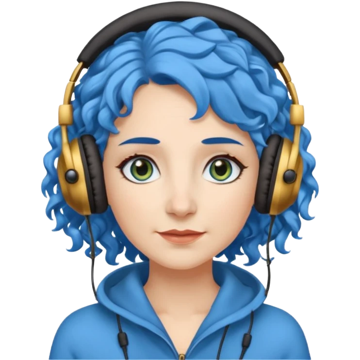 blue haired earringed heaphone wearing middle aged woman very very curly long haired and hazel small eyes emoji