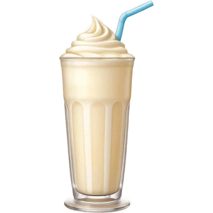 A 3D cartoon tall glass of vanilla milkshake with a straw, smooth creamy texture, light froth on top, subtle reflections, soft warm light, Memoji-style. emoji