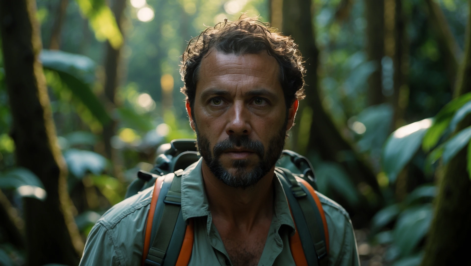cinematic still, documentary photography, amazon jungle, well lit scene, man is exploring the jungle, close up, front shot, rule of thirds emoji