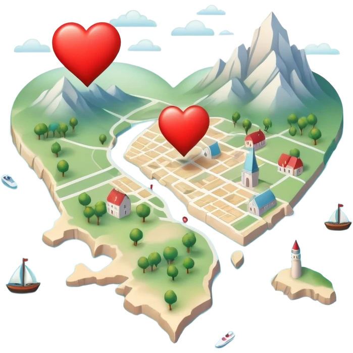 Detailed cartography map with soft ethereal coloring, containing red heart pins marking romantic locations and different symbols for other life experiences emoji
