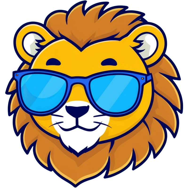 fun and whimsical cartoon lion face with full richly colored golden brown mane, wearing sleek stylish sunglasses with reflective lenses, wide charismatic smile, friendly approachable expression, simple bold vibrant design, minimal background emoji