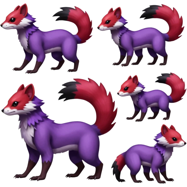 Purple, red, black Trico-Sergal-Furret-Ferret-Wolverine-Vernid-fusion-Fakemon-animal-hybrid-creature, full body emoji