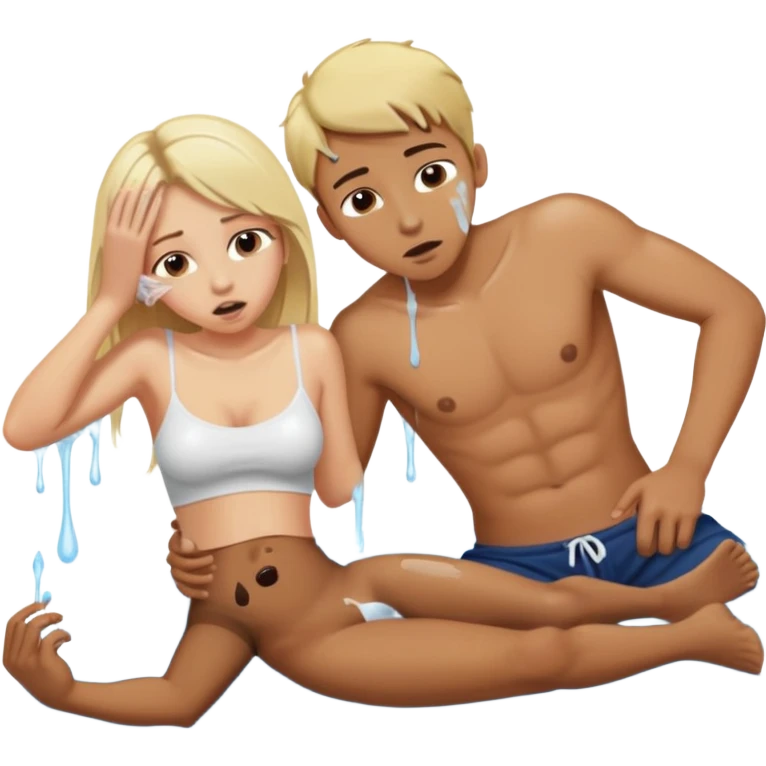 Medium brown boy laying on back shirtless and pants less while white but tan blonde girl sucks his penis with liquid dripping out of her mouth emoji