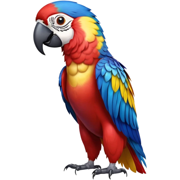 cinematic-macaw-realistic-full-body-standing-emoji,-vibrant-feathers-glowing-with-rich-reds,-blues,-and-yellows,-head-tilted-dramatically,-curved white-beak-gleaming,-piercing-dark-eyes-exuding-confidence,-simplified-yet-realistic-focused emoji