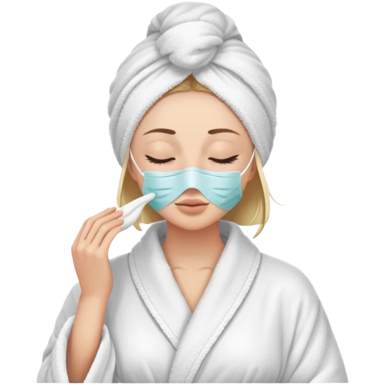 Donna con la pelle chiara visitata con accappatoio per corpo e capelli con una maschera sul volto e gli occhi chiusi emoji