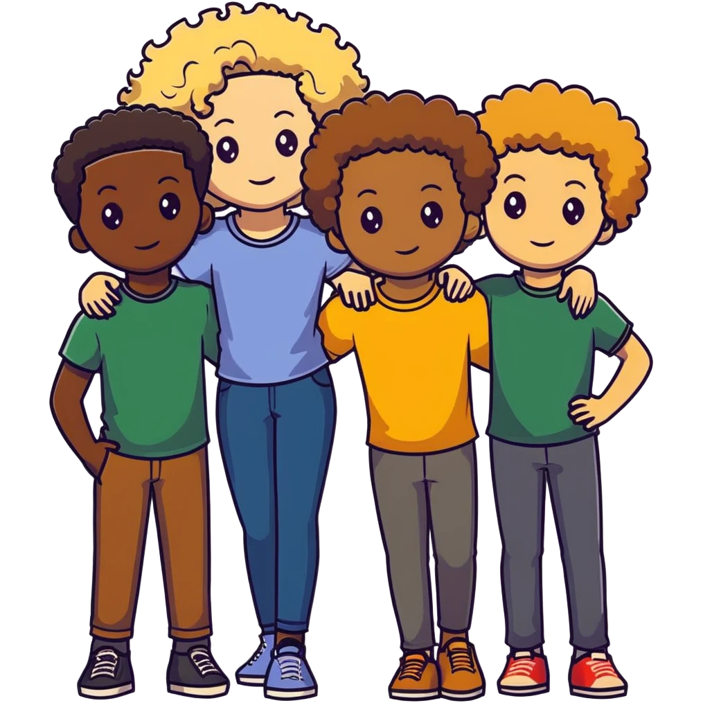 Group of diverse friends standing together, including a dark-skinned boy, a light-skinned blonde boy, a light-skinned girl with dark hair, a mixed-race girl with brown hair, a light-skinned person with curly hair, a mixed-race person with dark curly hair, and in the center a mixed-race person with wavy hair emoji