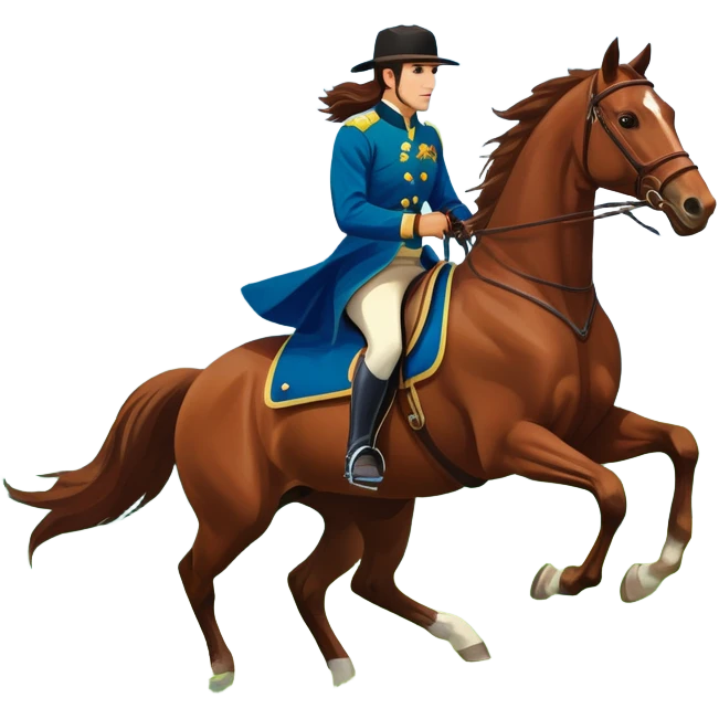 An icon showcasing a majestic horse and rider in full gallop across a lush green field. The background features a clear sky, distant mountains, and a vibrant landscape. The rider wears traditional gear, while the horse leaps with grace and power.  emoji
