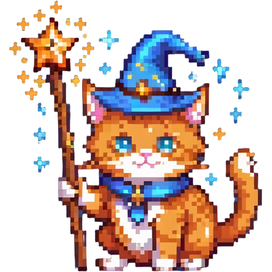 Orange cat with wizard hat and magic wand with sparkles emoji