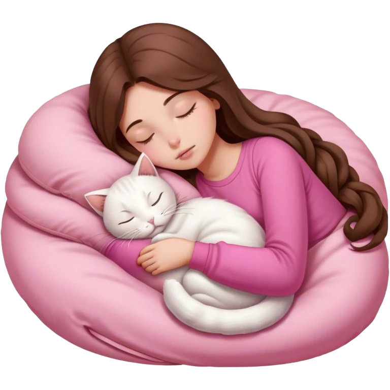 A pretty white girl with very long brown hair and pink clothing sleeping curled up to a white cat  emoji