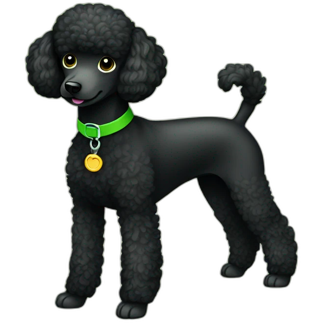 A single Energetic dark black mini poodle with short hair and green collar emoji