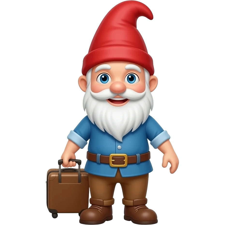 A smiling traveling Gnome carrying a suitcase, wearing brown pants has a white beard , blue eye, blue shirt and a red pointed hair emoji