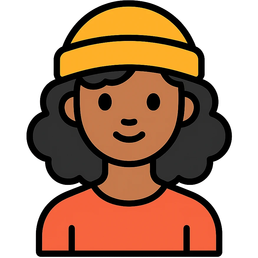 woman with dark curly hair and a beanie emoji