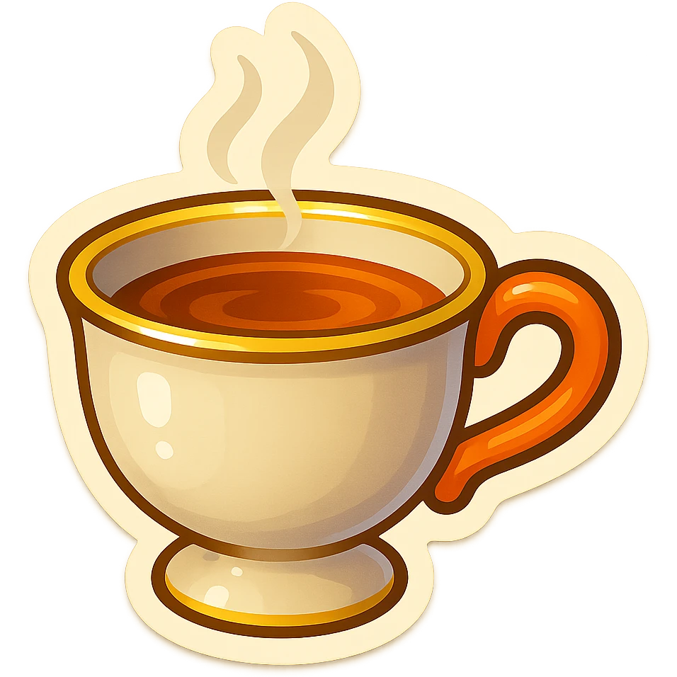 Hermès-style cup of tea, minimal design, Hermès orange handle, gold rim, cute emoji style, different lighting, on white or transparent background emoji