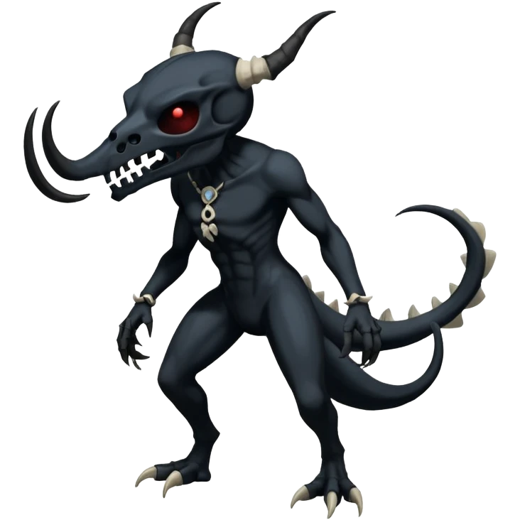 Shiny Dark Edgy  Duskull-Salandit-Inteleon-Fakémon-hybrid-creature (full body) with a horned animal-skull-mask emoji