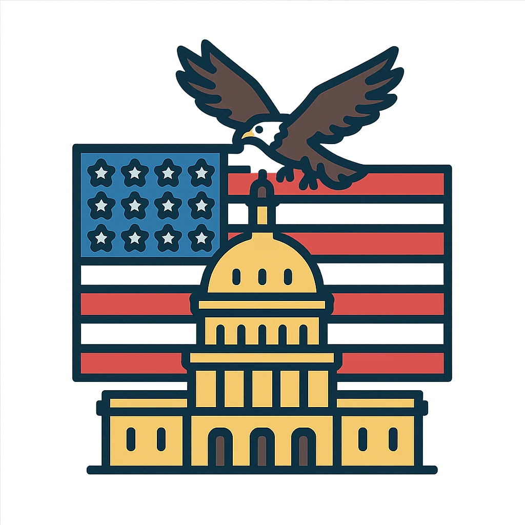 the US Capitol building with the US flag behind it and an eagle soaring above, clean icon style emoji