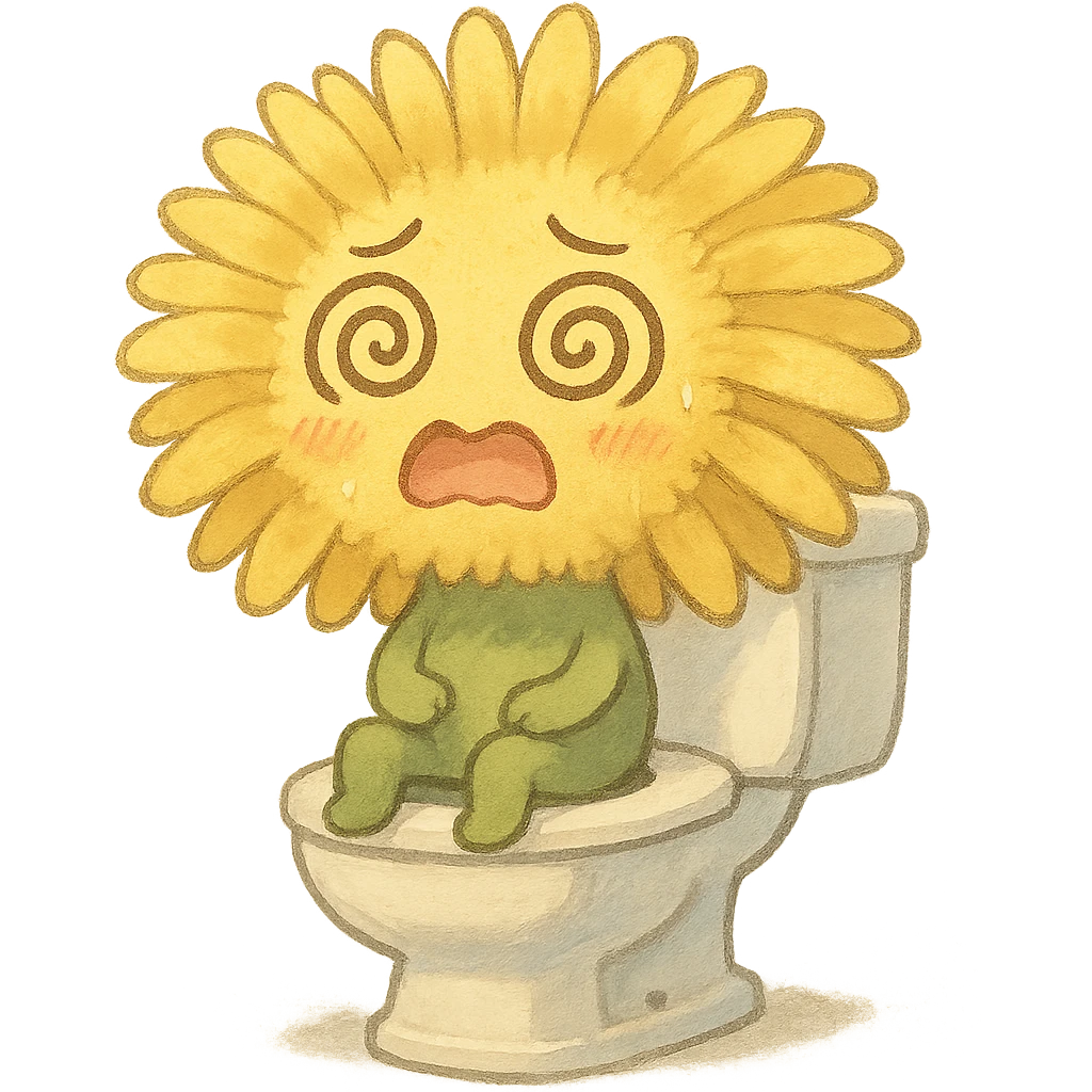 lemon yellow dandelion flower with a shocked face, sitting on a toilet with swirls in the eyes, soft colors, chibi expression emoji