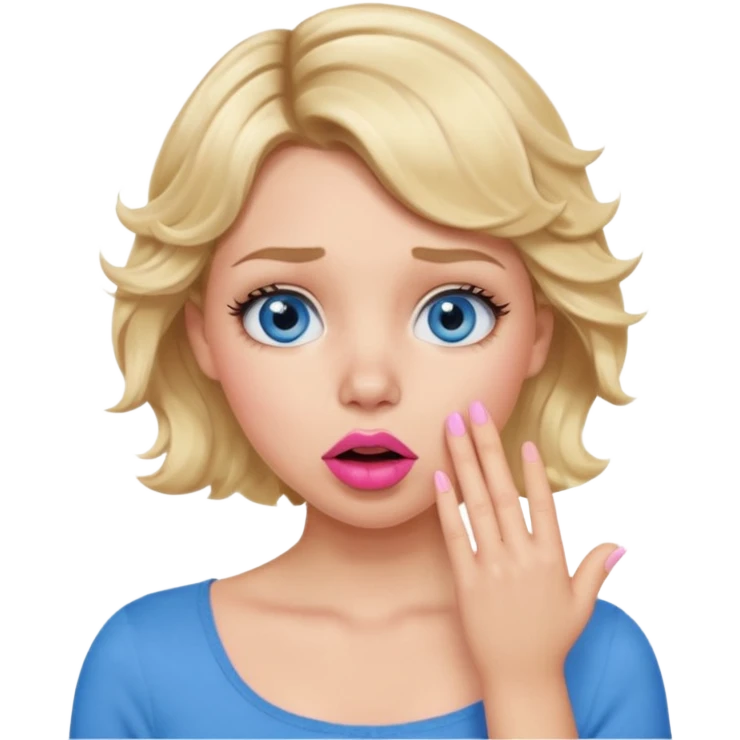 Girl Blonde short wavy hair,  blue eyes, cute blue top, long lashes, pink lips, shocked, hand over the mouth emoji