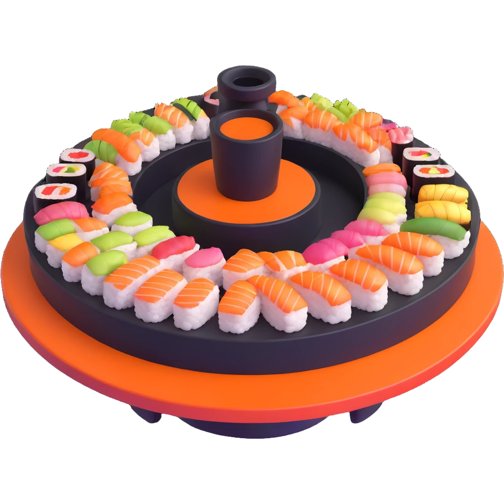 rotating sushi conveyor belt restaurant with colorful sushi plates emoji