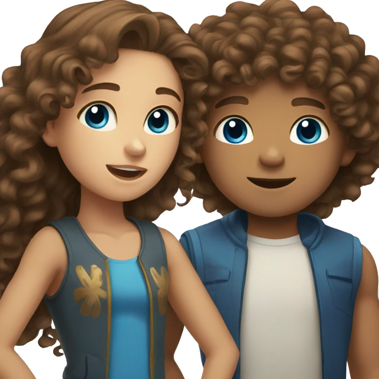 boy with brown curly hair and brown eyes and girl with long brown hair and blue eyes emoji