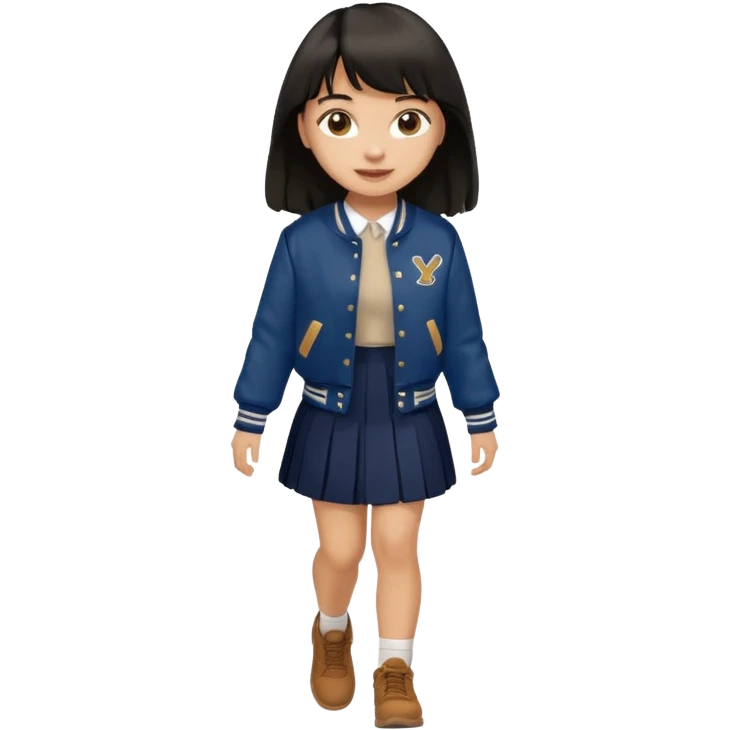 black color long hair with fringe, light skin long hair girl with brown varsity jacket and navy long skirt walking

 emoji