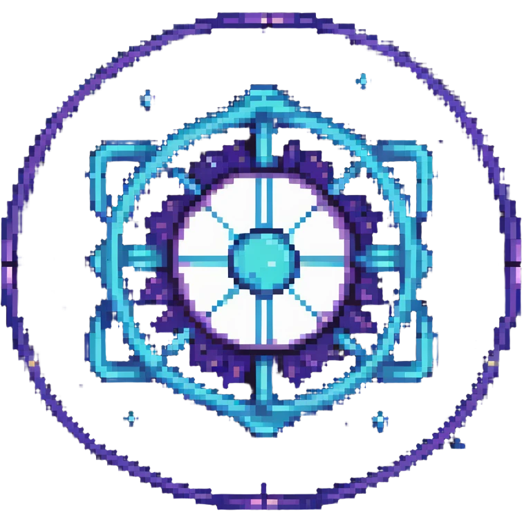 minimalist pixel art emoji for Neutron blockchain, glowing neutron particle or atomic symbol at center, soft cosmic background with deep space or stars, futuristic tech feel, cool tones blue purple white, clean modern 2D flat design, visually distinct at small sizes emoji