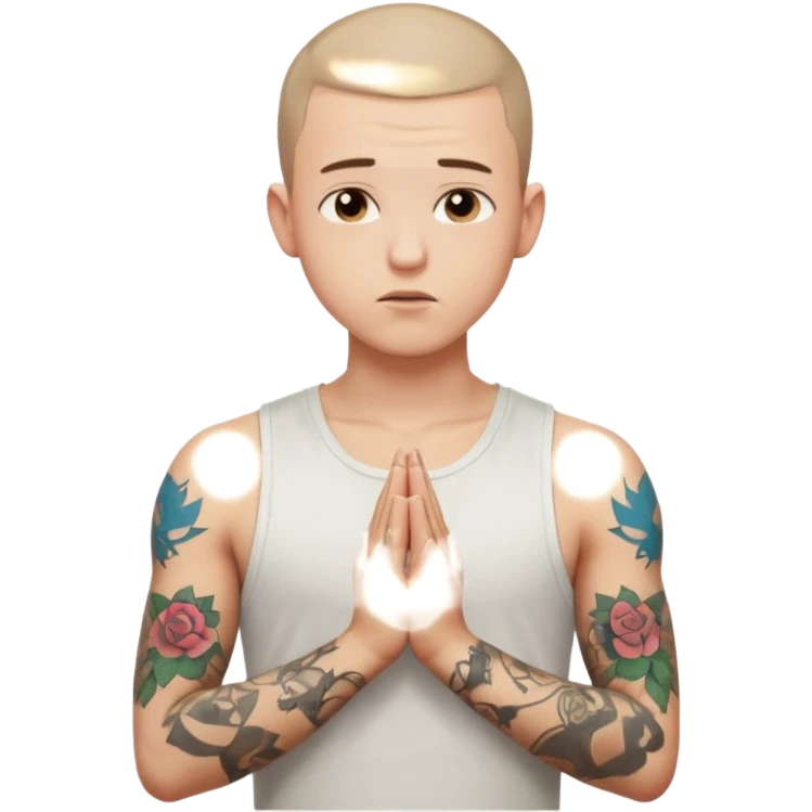 A 20 year old white man with a buzz cut and tattoos all over his arms and chest. Pleading face with hands praying wearing a white tanktop emoji