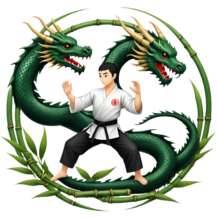An icon symbolizing Eastern martial arts in the style of an emblem, featuring a black-and-white Yin-Yang symbol at the center and a powerful dragon wrapping around it. A martial artist is performing a fluid kick, surrounded by elements like a dojo and bamboo. Transparent background emoji