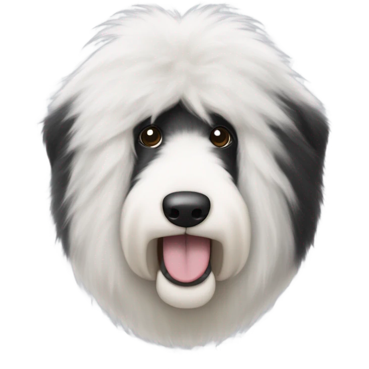 Old English sheepdog face with the right half of his face white and the left half of his face black. White around the mouth and nose. Very fluffy and both ears are black emoji