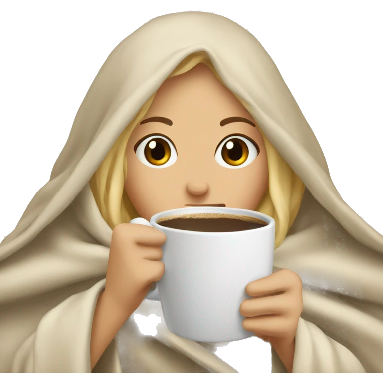 Blonde girl wrapped in big blanket drinking coffee emoji