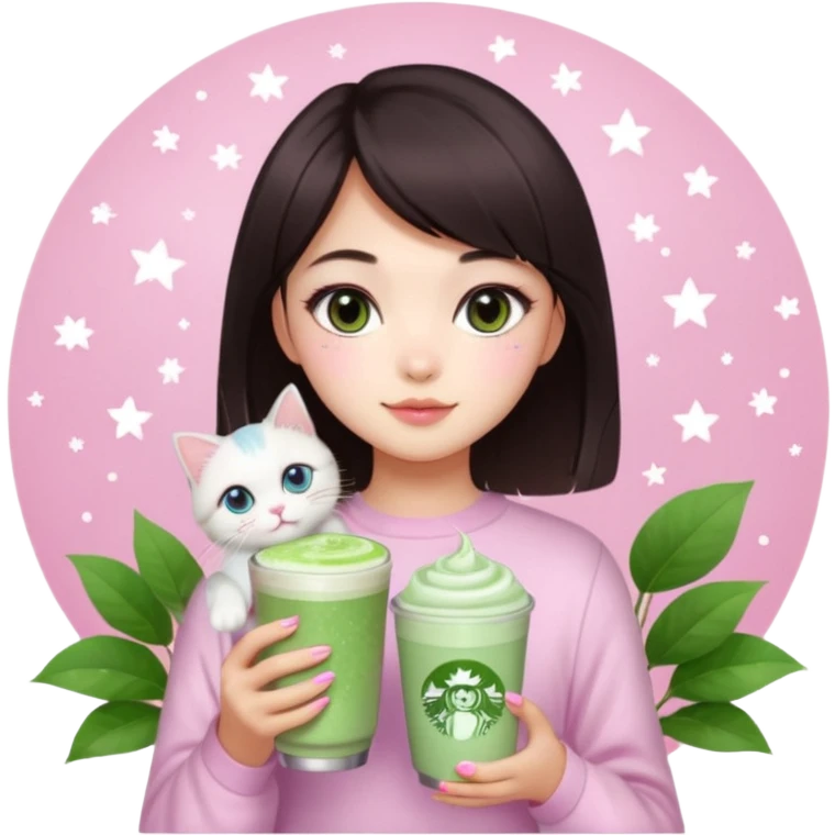 asian girl with short dark brown hair with a soft girl pink glowup aesthetic. matcha latte sparkles girly things, 2 ragdoll cats, skincare, makeup, money, luxury, add makeup and sparkles emoji