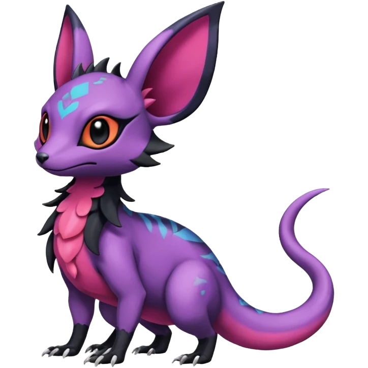 Rare epic aesthetic colorful Salandit-Noibat-Eevee-Genet-species-Fakemon-hybrid-creature, with markings, full body emoji