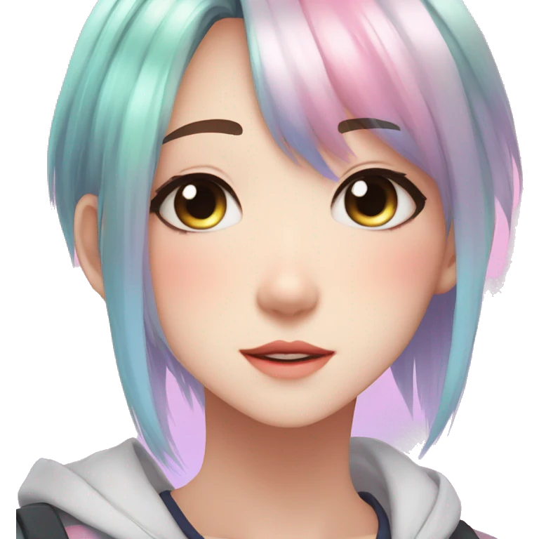 Gorgeous anime style tomboy with blushing face aesthetic and pretty colorful shiny gradient pastel hair trending style emoji