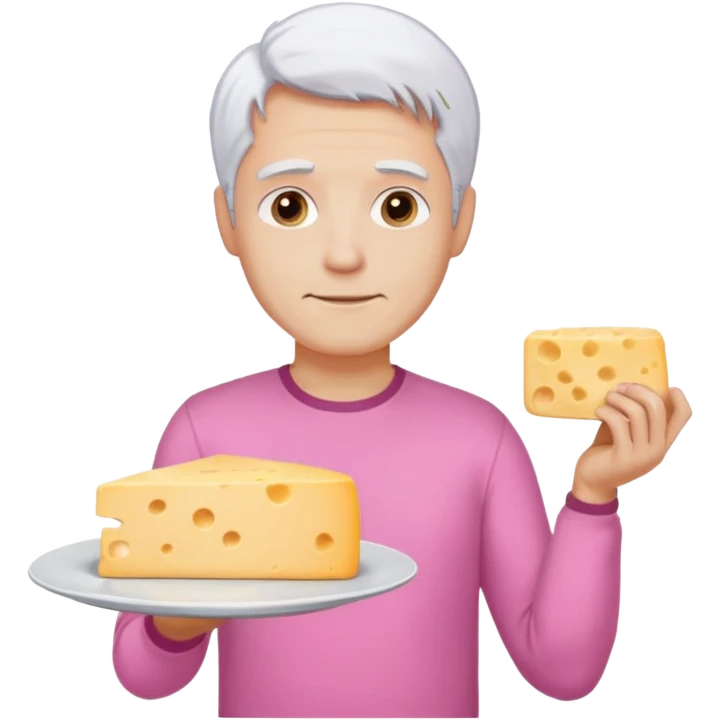 Homme gros chemise rose cheveux blancs avec une assiette et un gros fromage  emoji